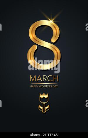 Eight of gold, 8 march luxury postcard. Shiny golden lettering. Digit eight made of gold foil on black background. Glowing International women`s day b Stock Vector